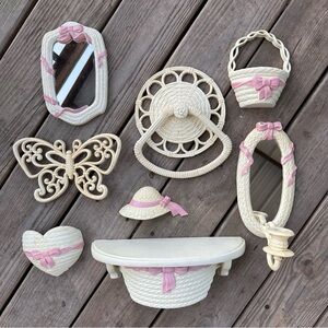 Vintage 90s Burwood Bow Wicker Shelf Wall Pocket Mirror Butterfly Hat Decor